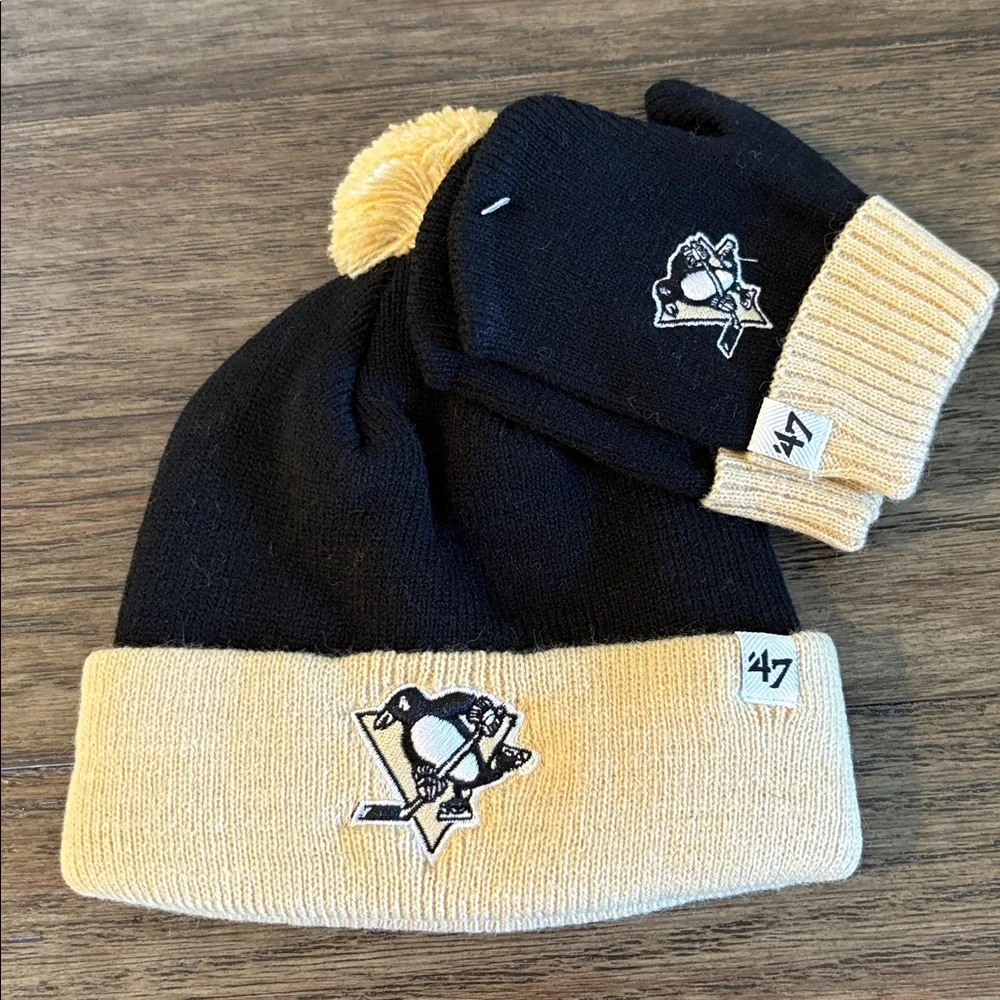 NWT [‘47] Pittsburgh Penguins 🐧 NHL Knit Beanie Hat & Mittens Set Black, Infant